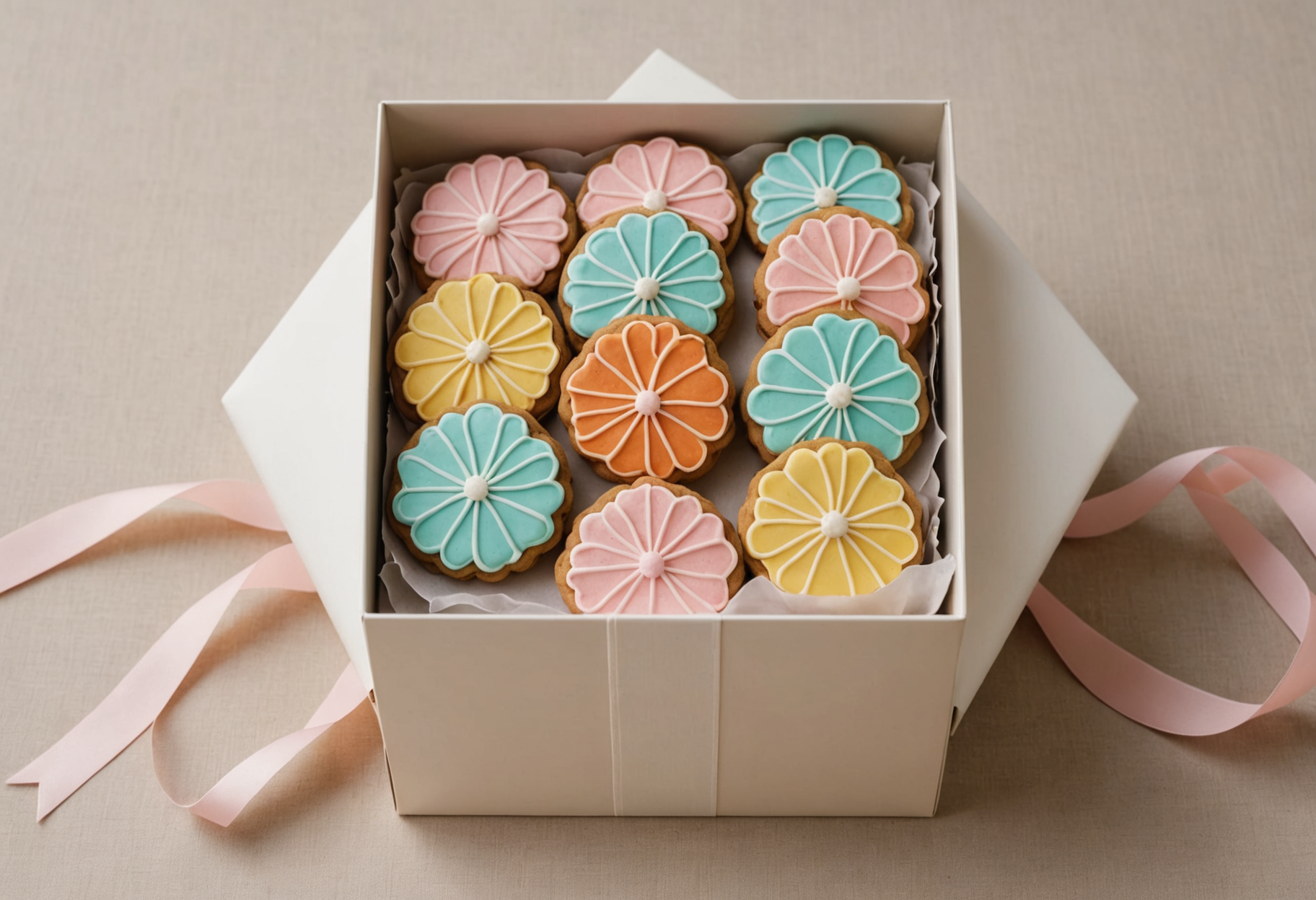 Cookie bouquet displayed in a gift box lined with tissue paper and tied with ribbon