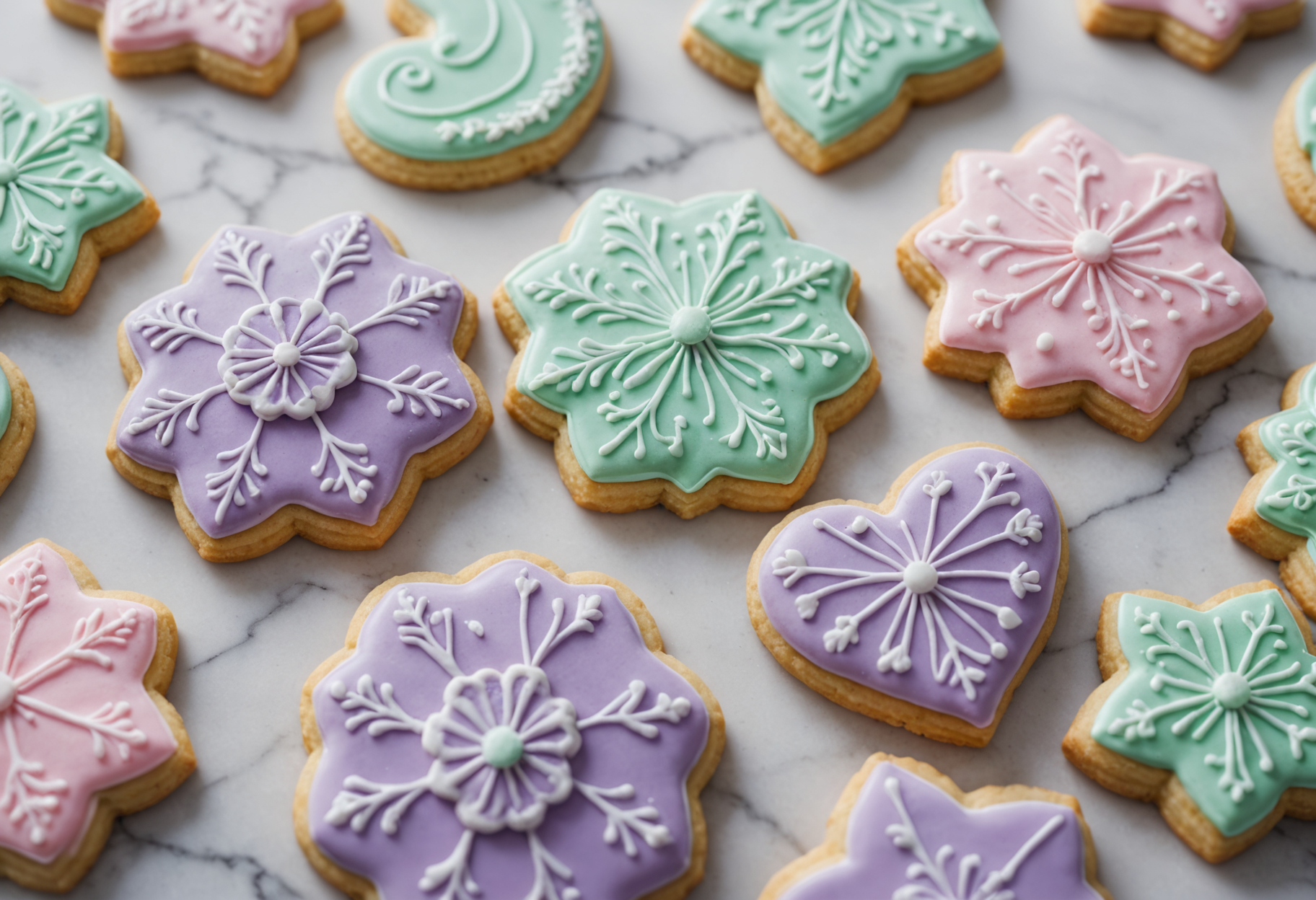 Assorted hand-iced custom cookies on a white marble countertop