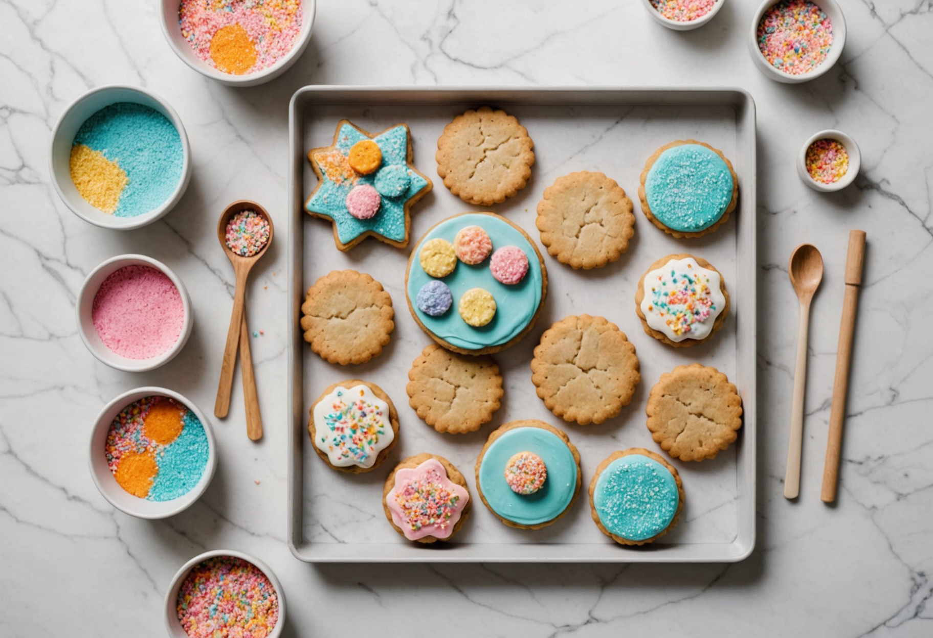 Overhead flat-lay of fresh cookie trays with pastel sprinkles and decorating tools