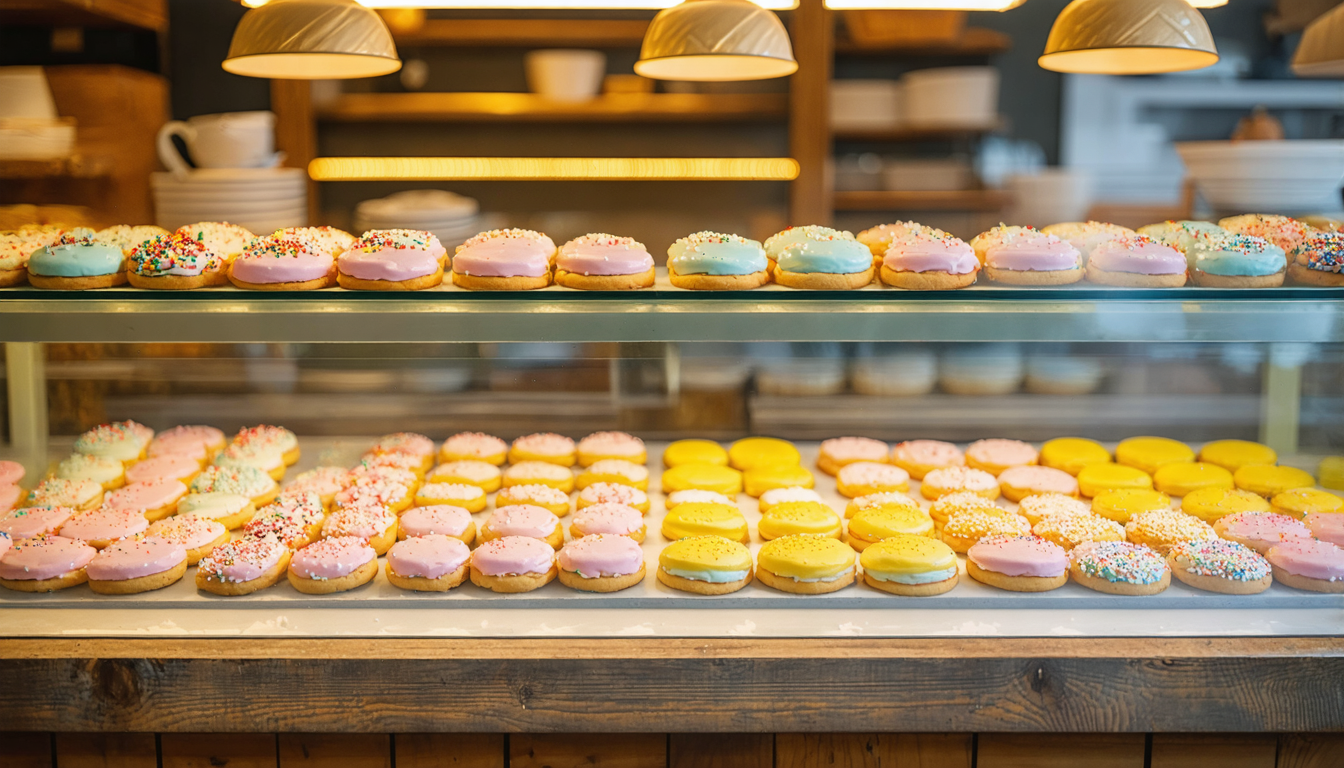 Cozy bakery display case filled with rows of decorated cookies under warm light