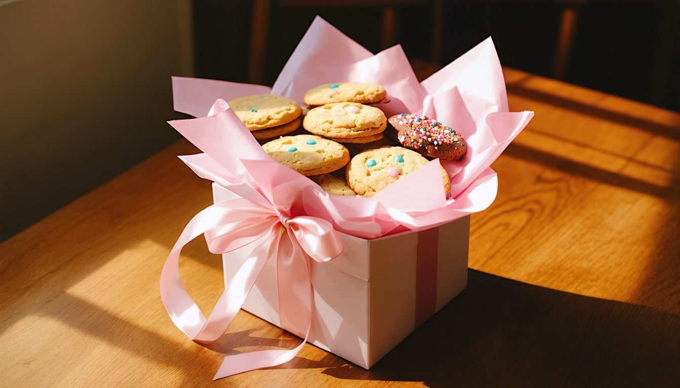 Cookie bouquet displayed in a gift box with tissue paper and ribbon on a warm wooden surface