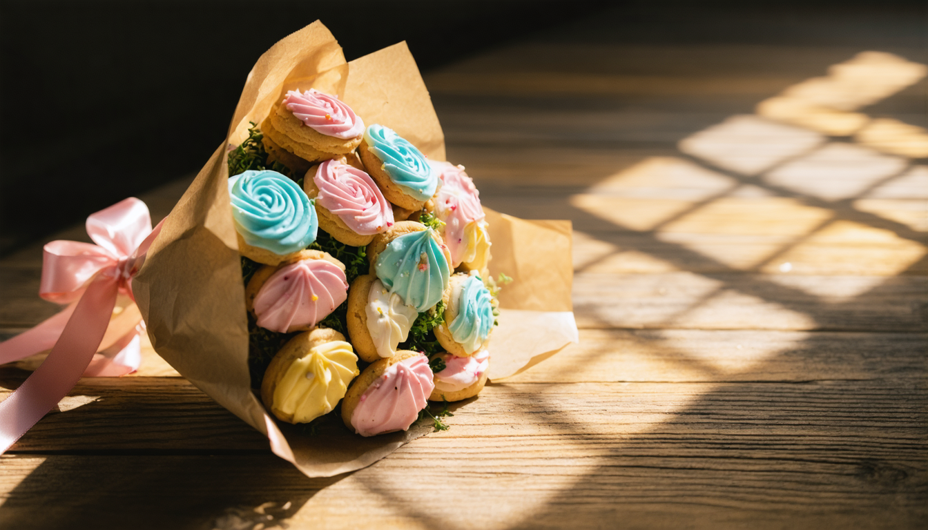 Colorful cookie bouquet arranged in kraft paper wrap with ribbon on a rustic wooden surface