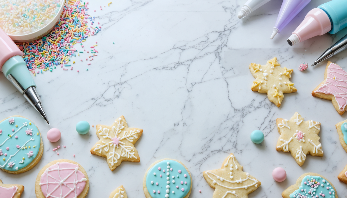 Assorted iced cookies arranged on a white marble countertop with pastel sprinkles and decorating tools