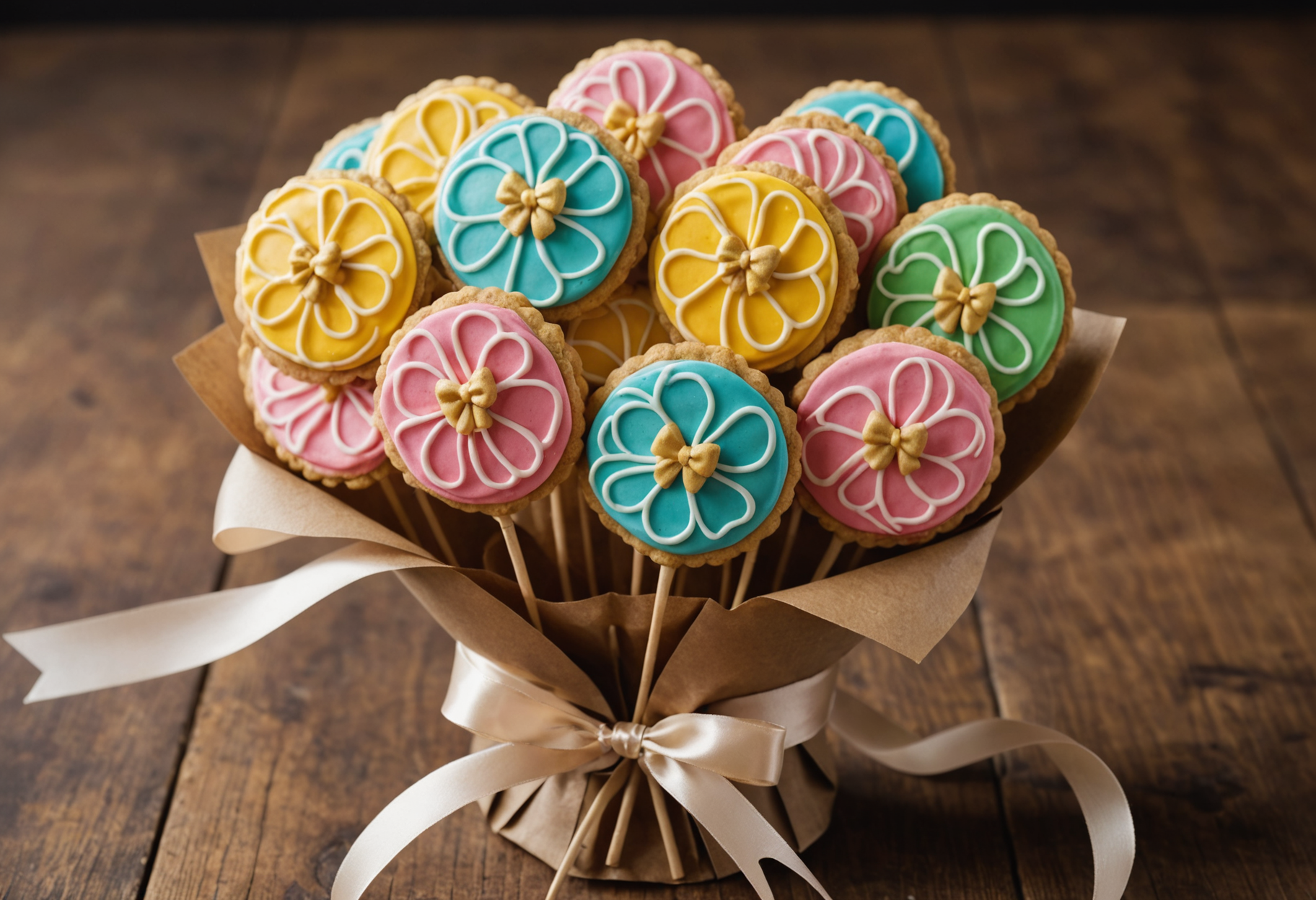 Colorful cookie bouquet arranged in kraft paper wrap with ribbon and tissue paper