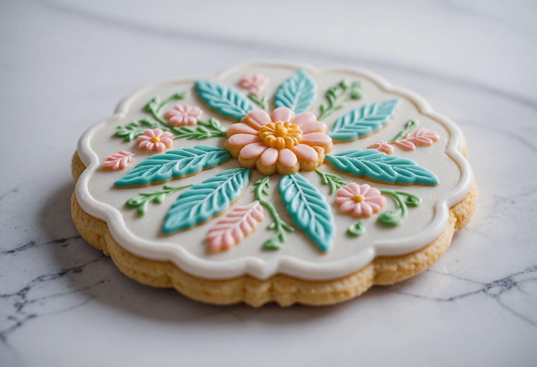 Close-up of royal icing details on a freshly decorated custom sugar cookie