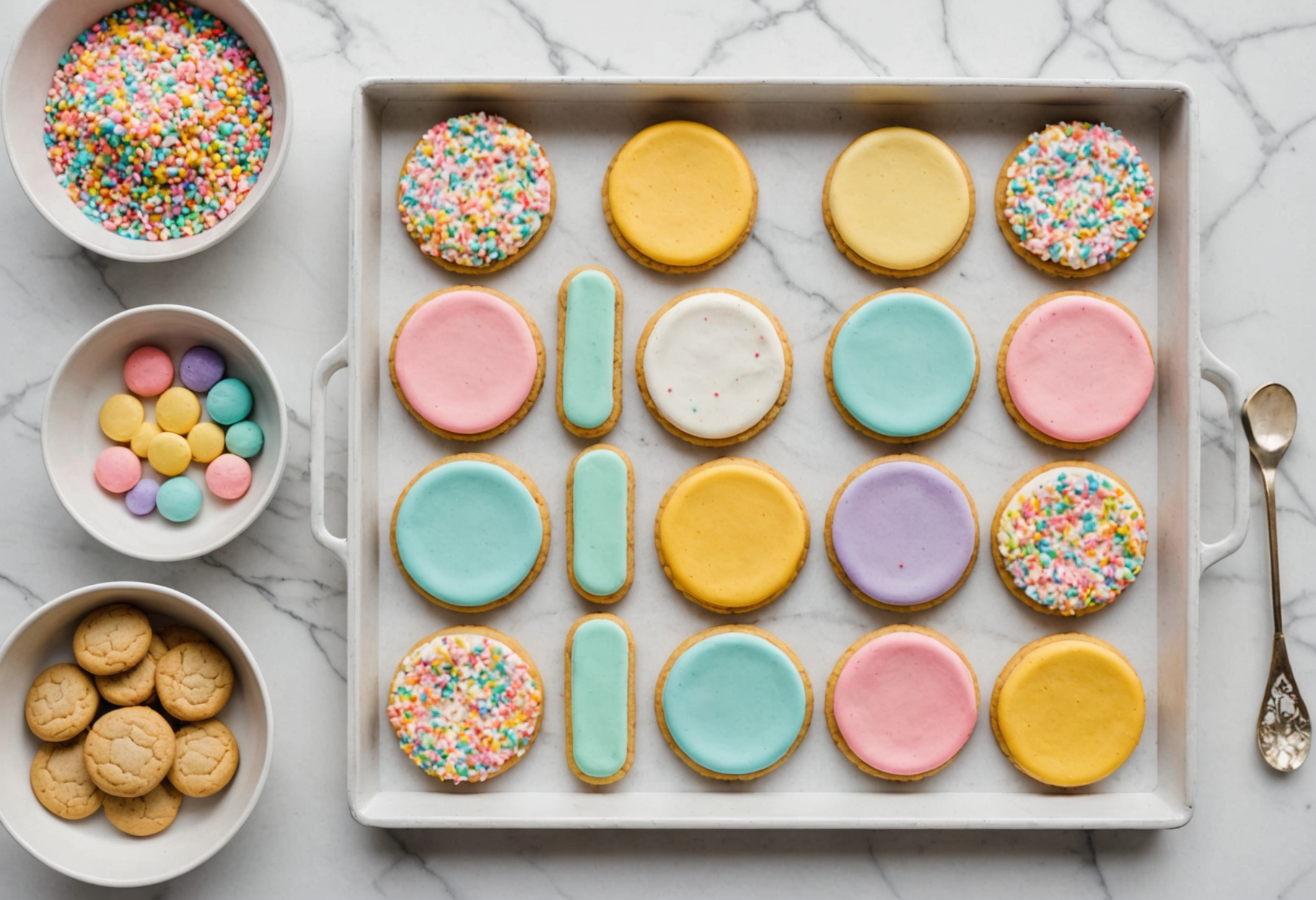 Warm overhead flat-lay of specialty cookie trays with pastel sprinkles and decorating tools