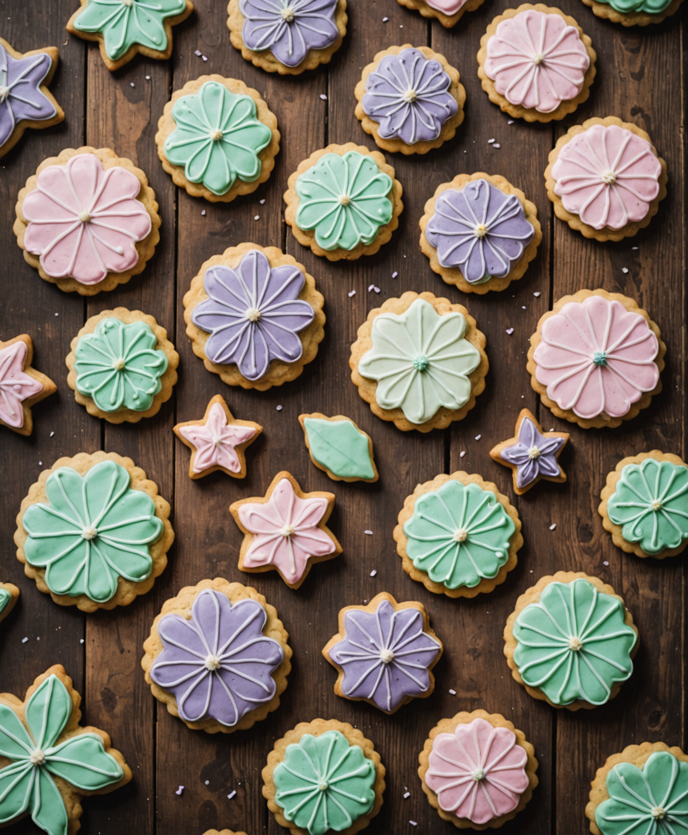 Warm overhead flat-lay of freshly decorated sugar cookies on a rustic wooden surface with natural light